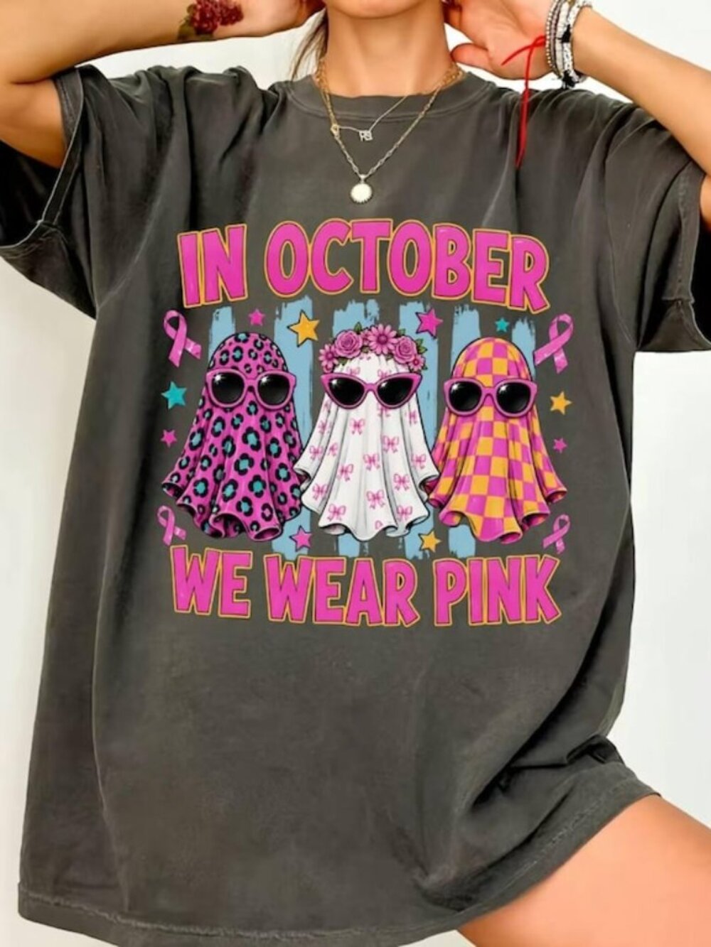 In October We Wear Pink Ghost Shirt,Breast Cancer Awareness Graphic Tee